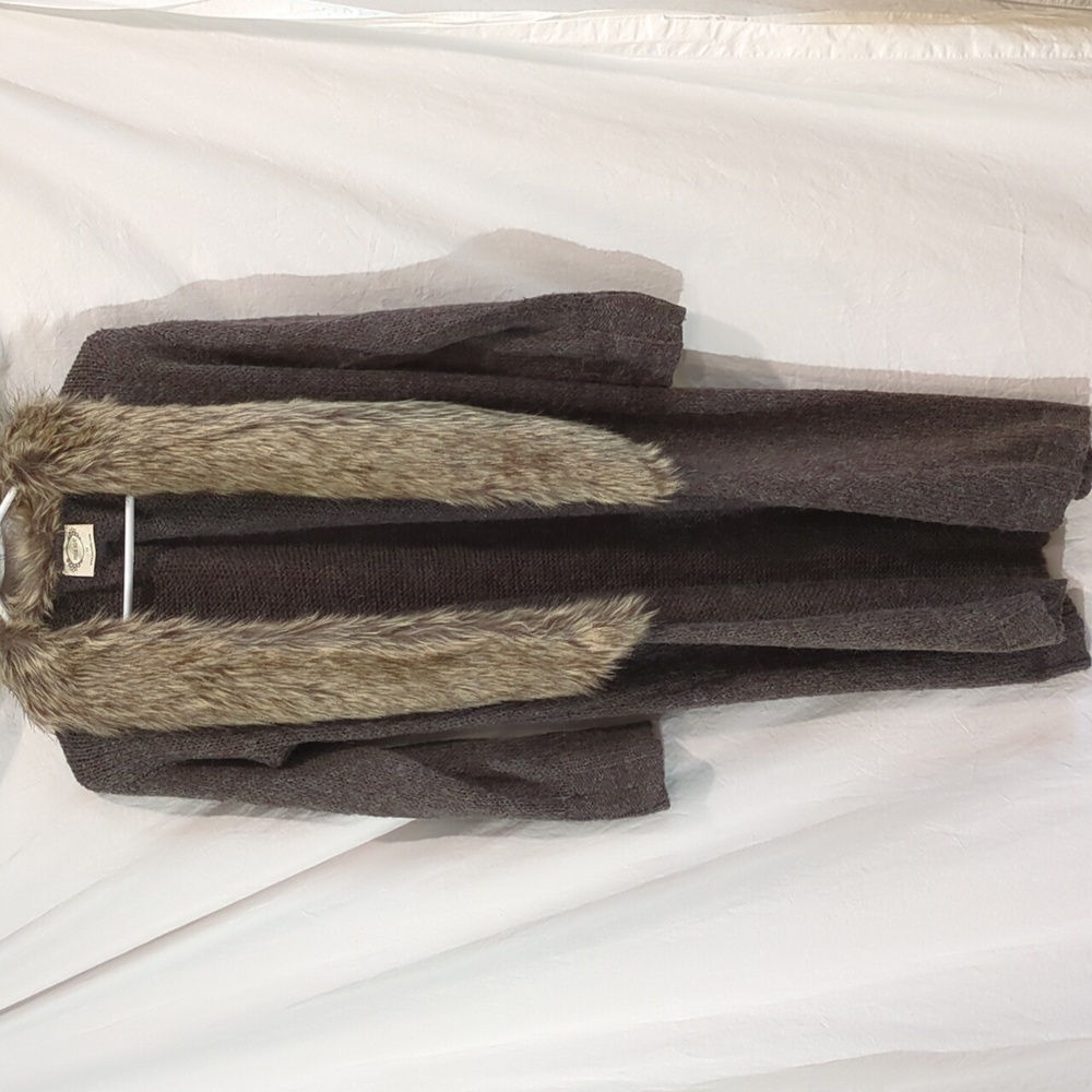 MiaJoy | Long Cardigan Sweater With Long Faux Fur Collar | Girls 12